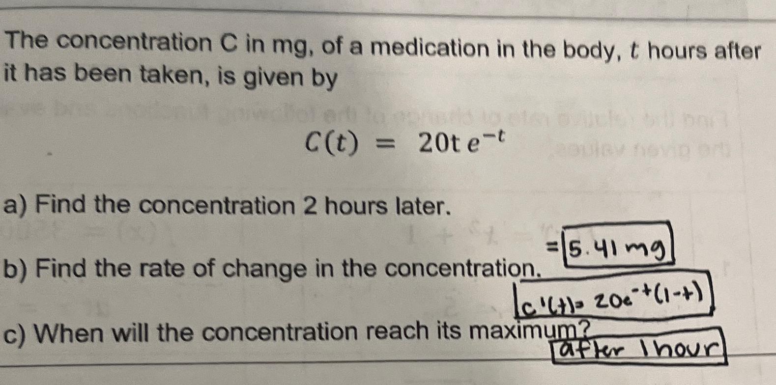 Solved The concentration C ﻿in mg, ﻿of a medication in the | Chegg.com
