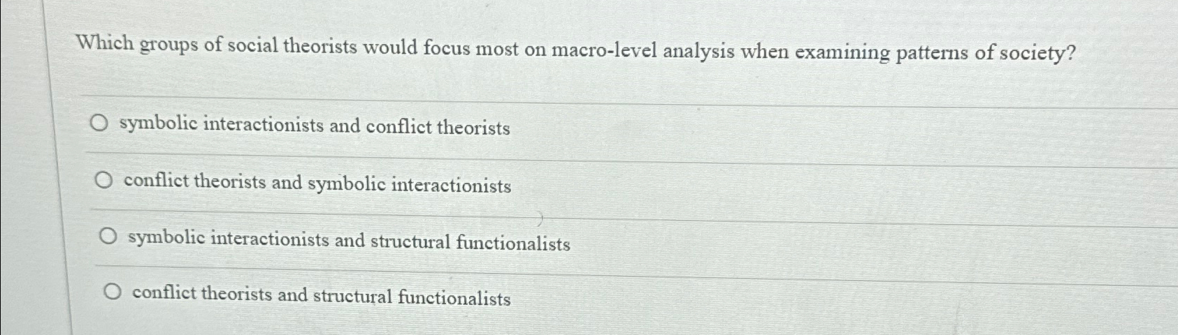 Solved Which groups of social theorists would focus most on | Chegg.com