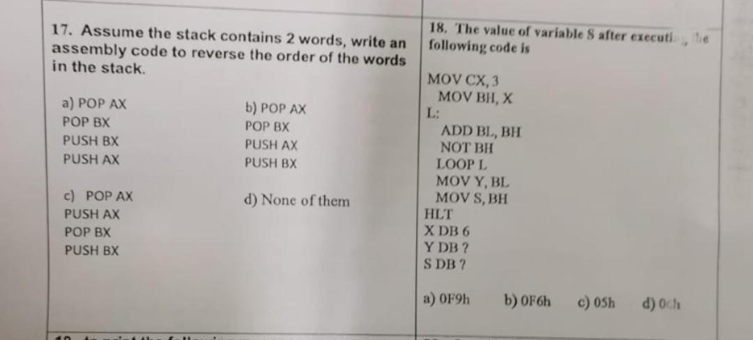 Solved 17. Assume the stack contains 2 words, write an 18. | Chegg.com
