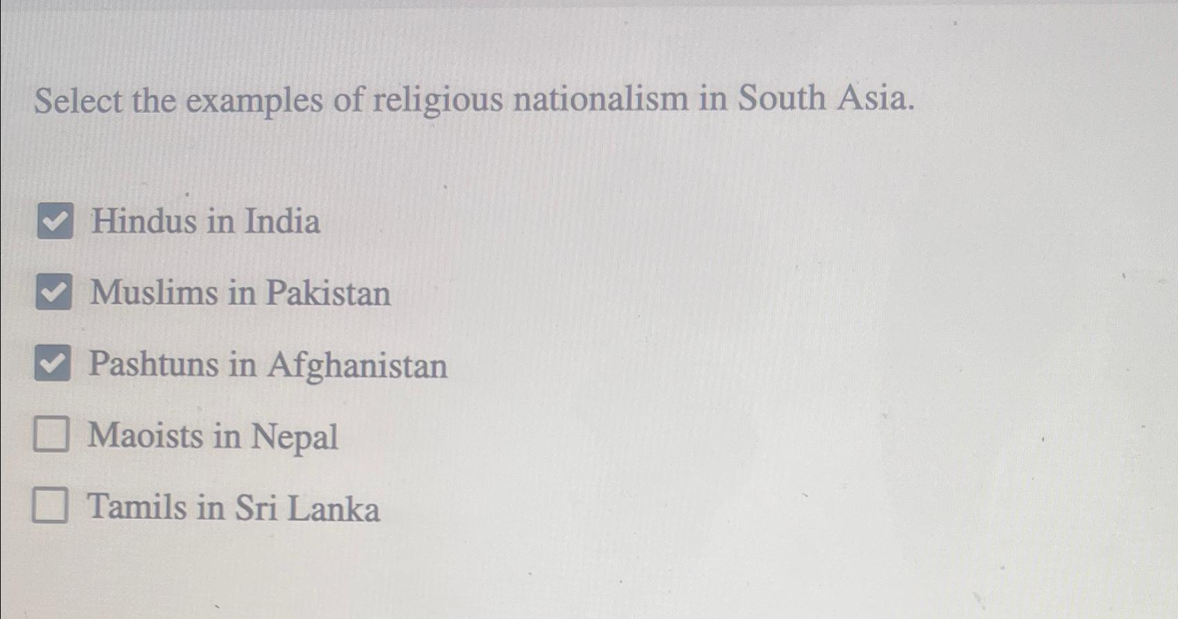 Solved Select the examples of religious nationalism in South | Chegg.com
