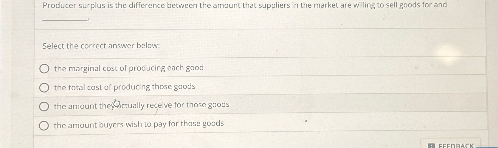 Solved Producer surplus is the difference between the amount | Chegg.com