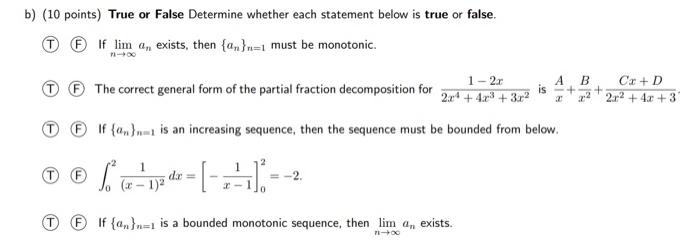 Solved B) (10 Points) True Or False Determine Whether Each | Chegg.com