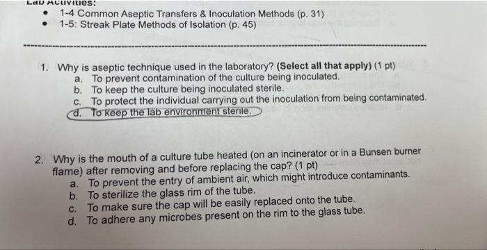 Solved - 1-4 Common Aseptic Transfers \& Inoculation Methods | Chegg.com