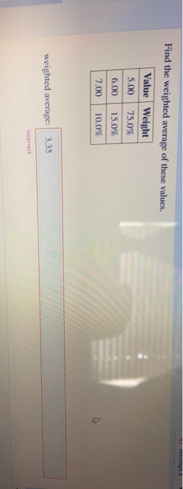 Solved Find the weighted average of these values. Value | Chegg.com