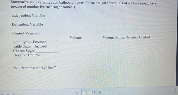 Summarize your variables and balloon volumes for each | Chegg.com