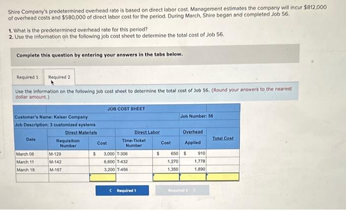 Solved Shire Company's predetermined overhead rate is based | Chegg.com