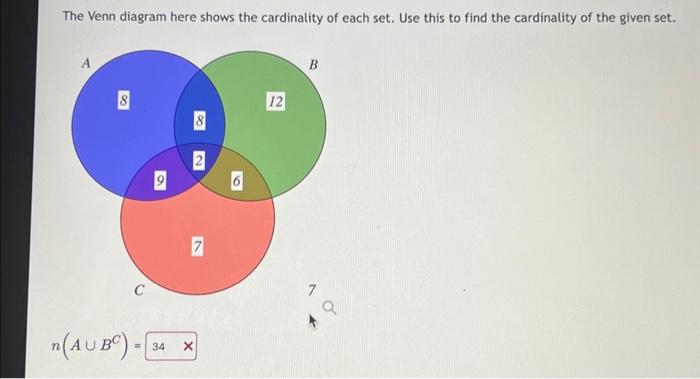 The Venn diagram here shows the cardinality of each set. Use this to find the cardinality of the given set.
\[
n\left(A \cup 