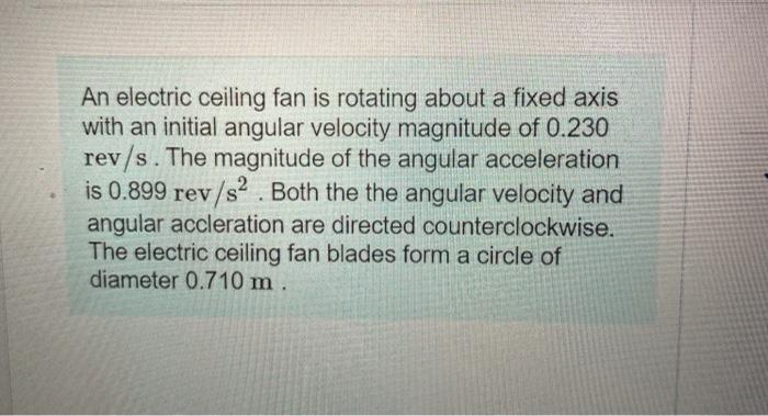 Solved An electric ceiling fan is rotating about a fixed | Chegg.com