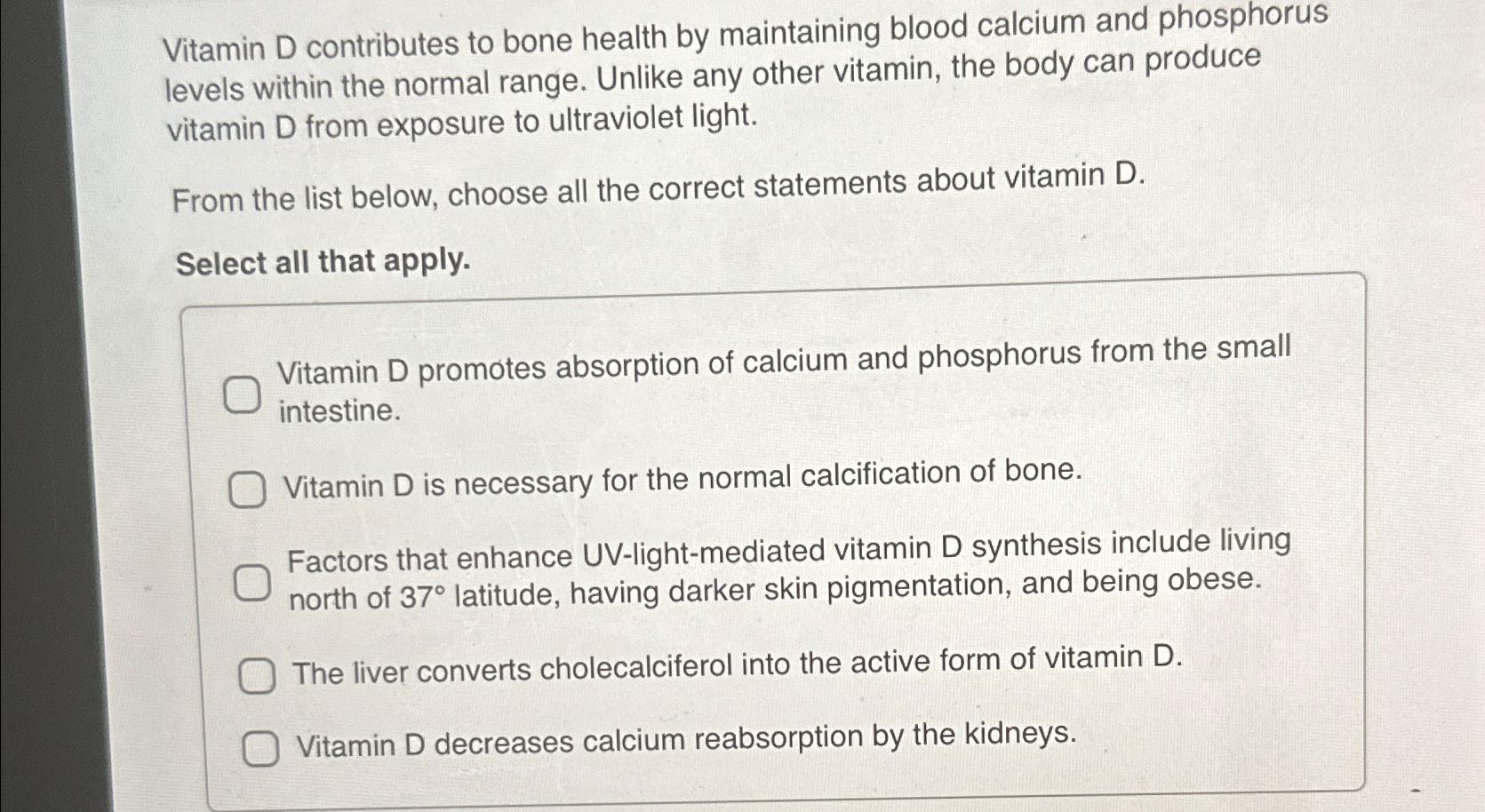 Solved Vitamin D contributes to bone health by maintaining | Chegg.com