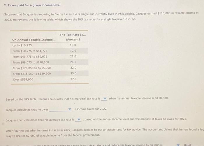 Solved 2. Taxes paid for a given income level Suppose that | Chegg.com