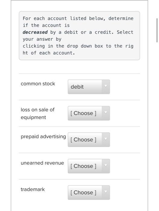 Solved For each account listed below, determine if the | Chegg.com