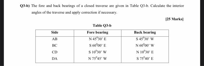 Solved Q3 B The Fore And Back Bearings Of A Closed Traverse