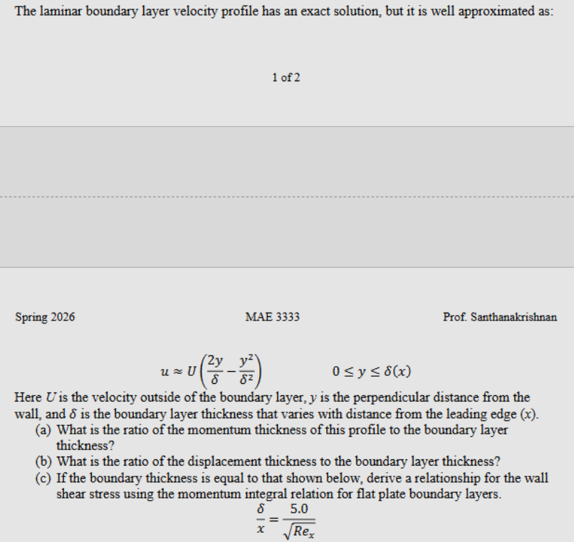 Solved The laminar boundary layer velocity profile has an | Chegg.com