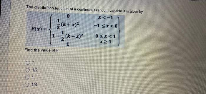 Solved The distribution function of a continuous random | Chegg.com