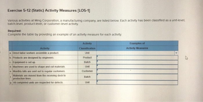 Activity Measure Example Solved Exercise 5-12 (Static) Activity Measures (LO5-1) | Chegg.com