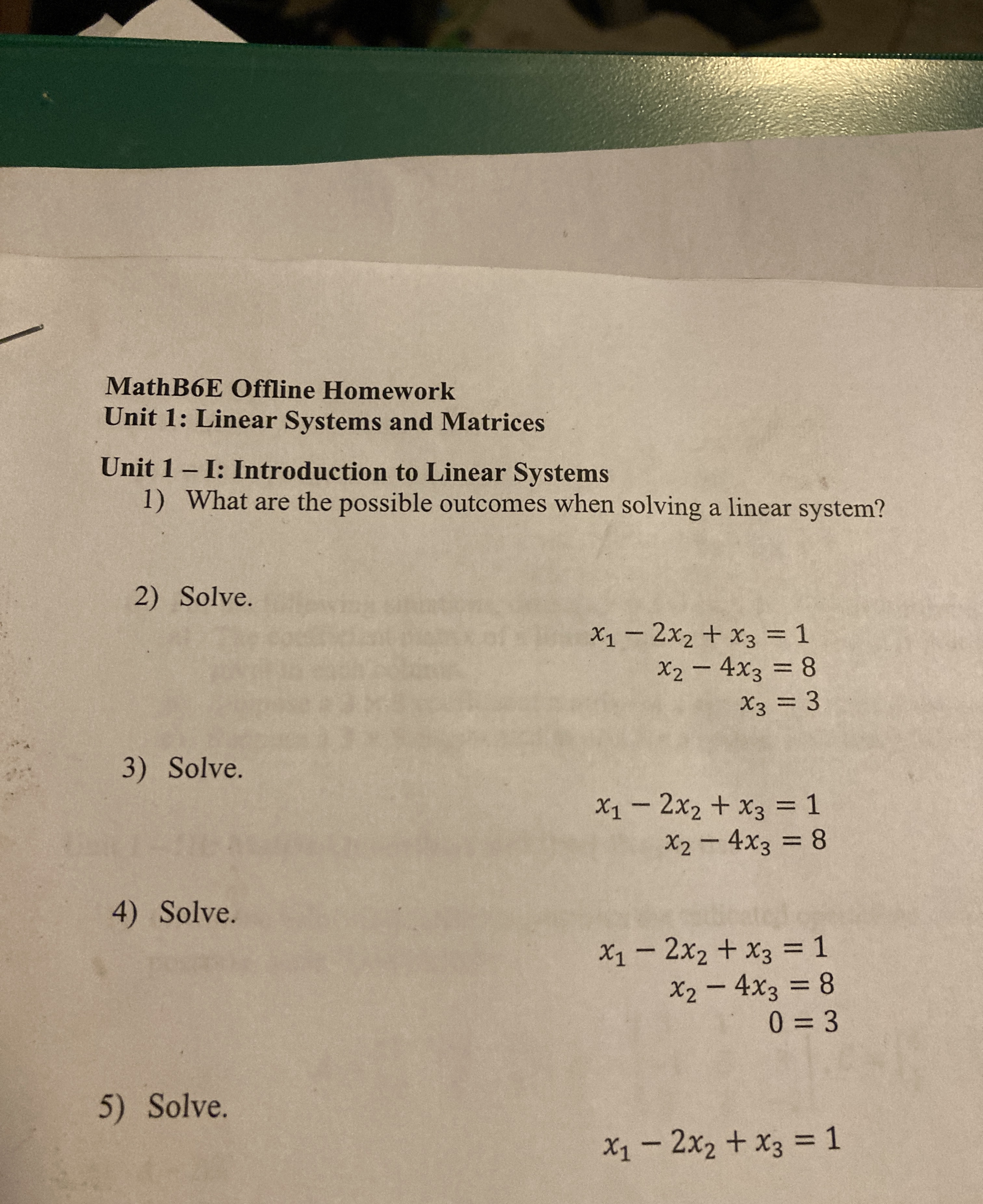 Solved MathB6E Offline HomeworkUnit 1: Linear Systems and | Chegg.com