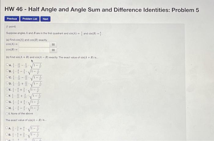Solved Previous HW 46 - Half Angle and Angle Sum and | Chegg.com