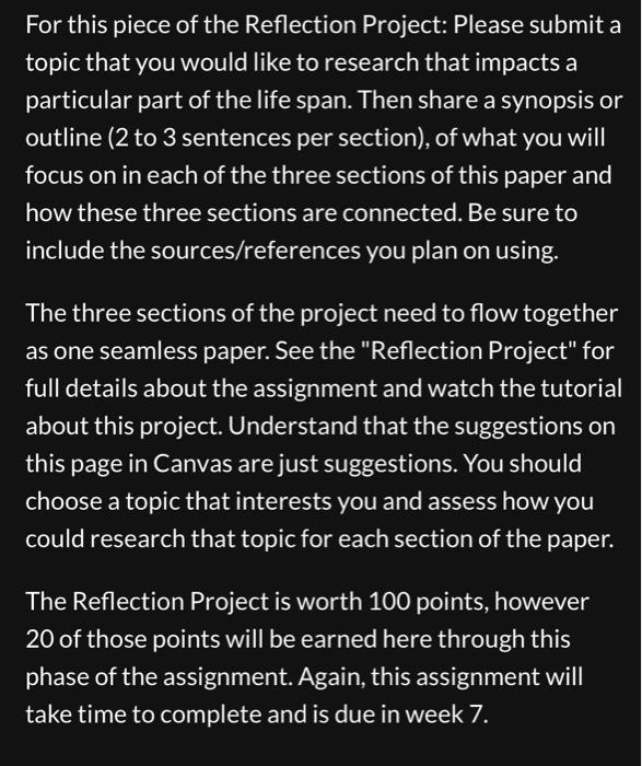 Solved For this piece of the Reflection Project: Please | Chegg.com