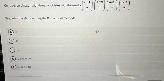 Solved Consider An Election With Three Candidates With The | Chegg.com