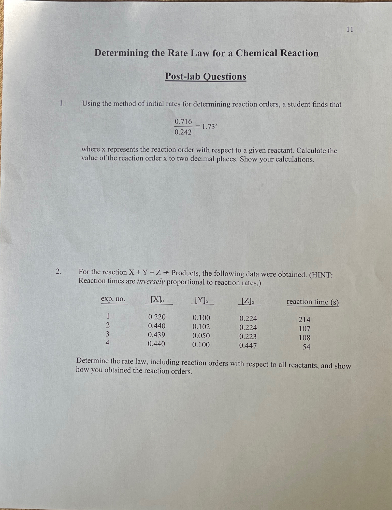 Solved 11Determining the Rate Law for a Chemical | Chegg.com