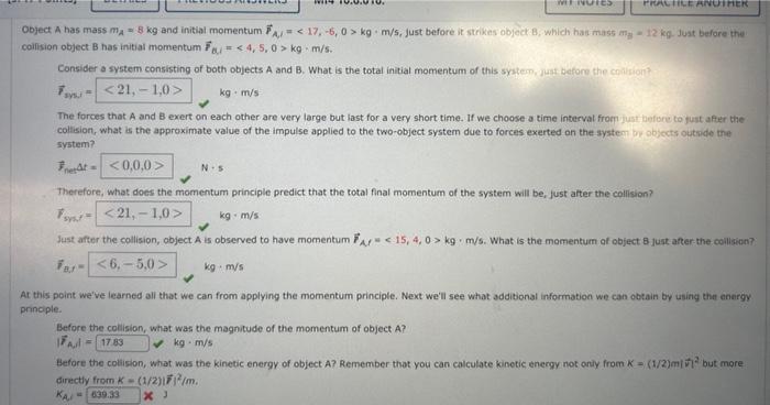 Solved Object A has mass mA=8 kg and initial mornentum | Chegg.com