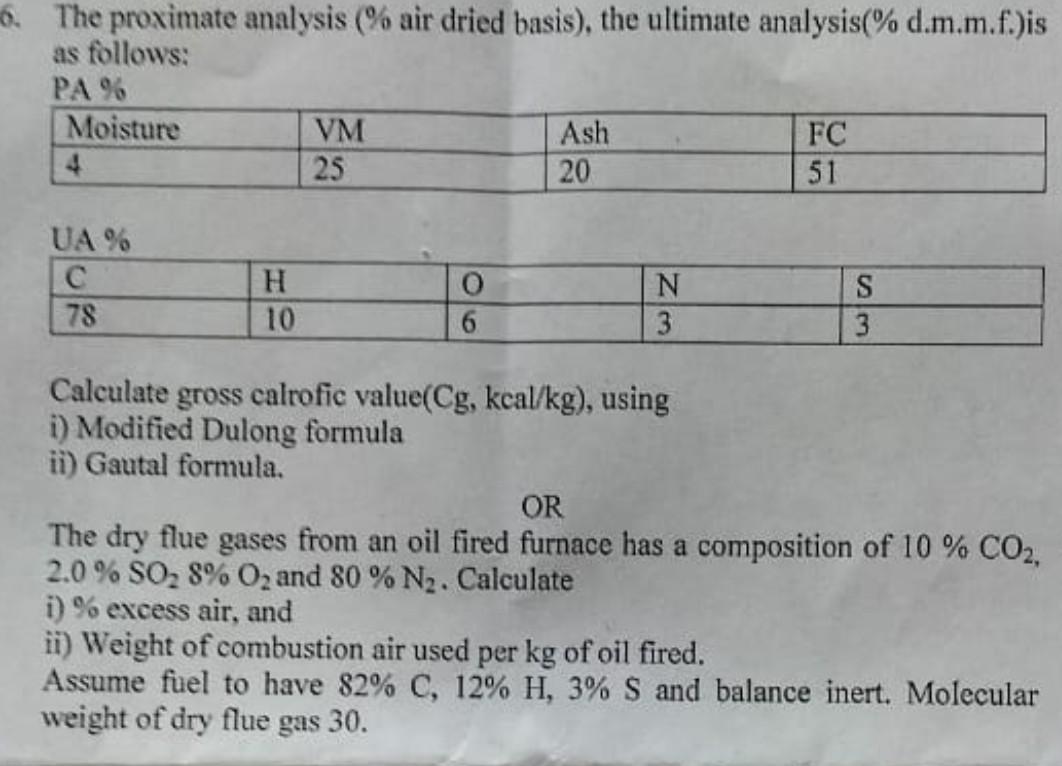 Solved 6. The proximate analysis ( air dried basis), the