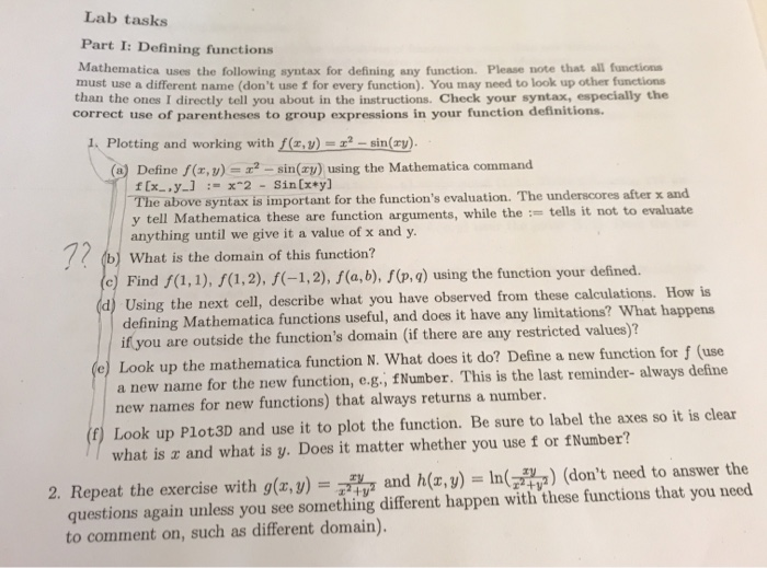 Solved Lab tasks Part I: Defining functions Mathematica uses | Chegg.com