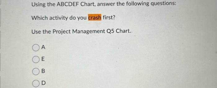 Using the \( A B C D E F \) Chart, answer the following questions:
Which activity do you crash first?
Use the Project Managem