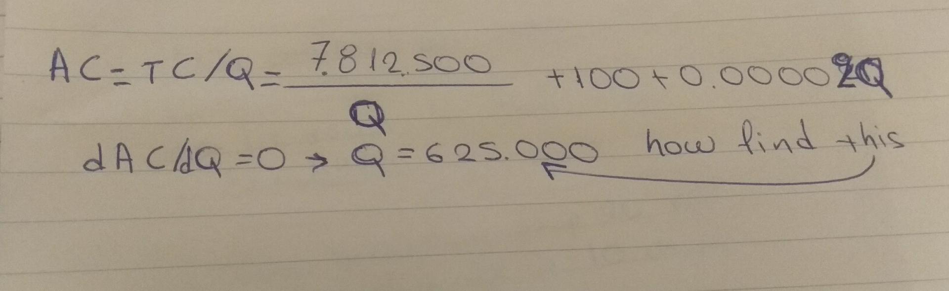Solved A C=T C / .500}{Q}+100+0.00002 Q \)