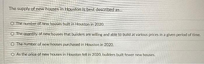 The supply of new houses in Houston is best described as...
The number of new houses built in Houston in 2020 .
The quantity