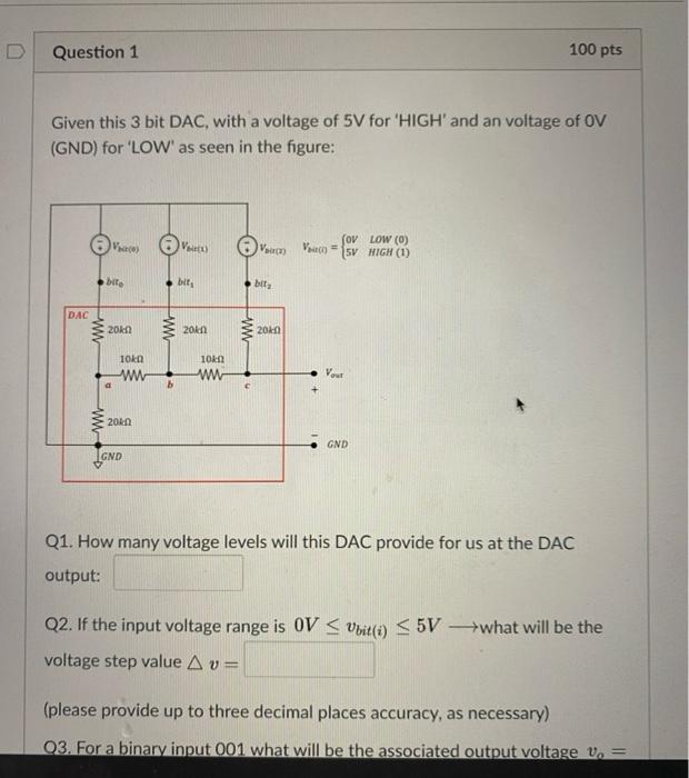 Solved Question 1 100 pts Given this 3 bit DAC, with a | Chegg.com