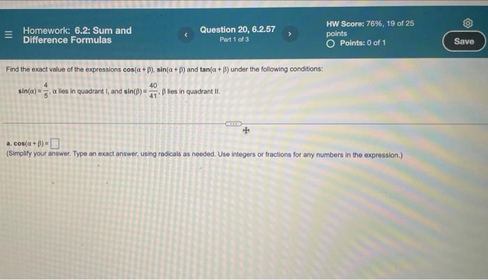 Solved Homework: 6.2: Sum and Difference Formulas Question | Chegg.com
