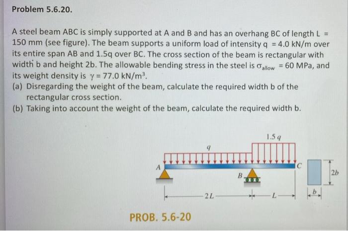 Solved Problem 5.6.20. A steel beam ABC is simply supported | Chegg.com