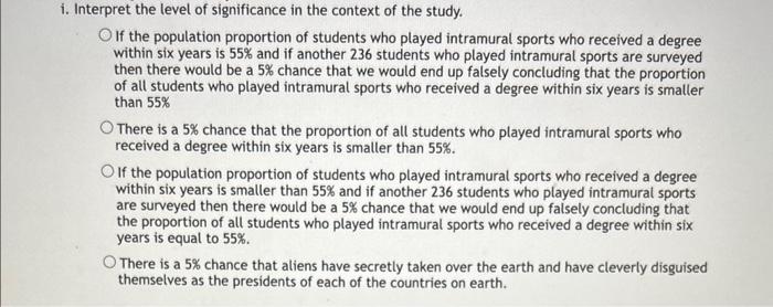 If the population proportion of students who played intramural sports who received a degree within six years is \( 55 \% \) a