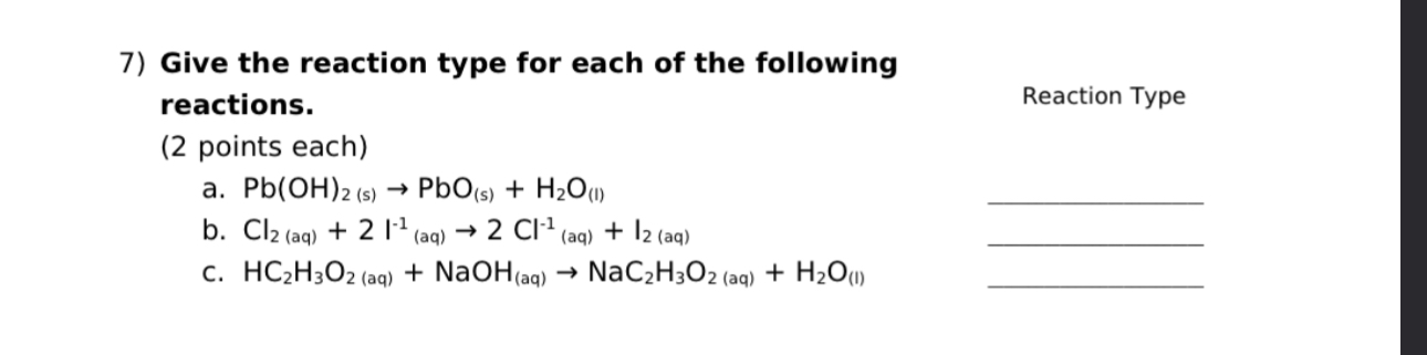 Solved Give the reaction type for each of the following | Chegg.com