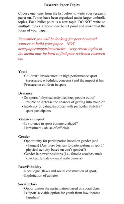 Research Paper Topics Choose one topic from the list | Chegg.com