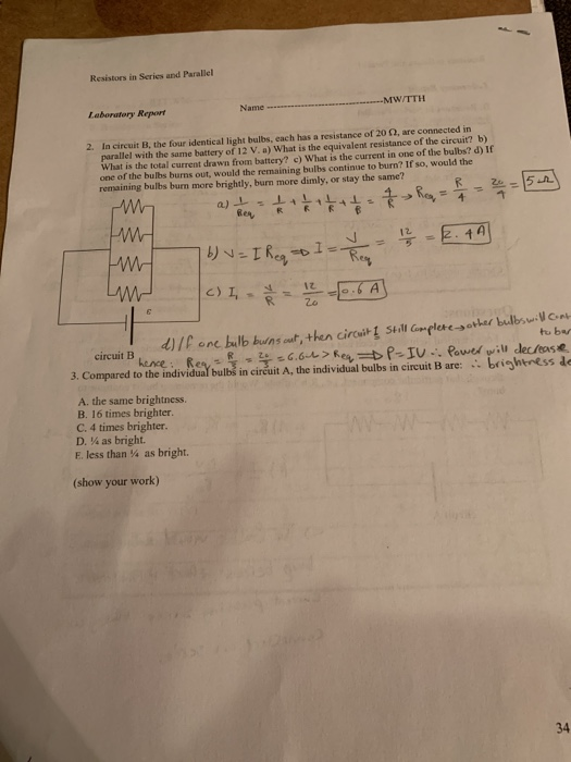 Solved Resistors in Series and Parallel MW/TTH Laboratory