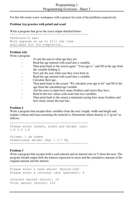 Solved Programming 1 Programming Exercises - Sheet 3 Problem | Chegg.com