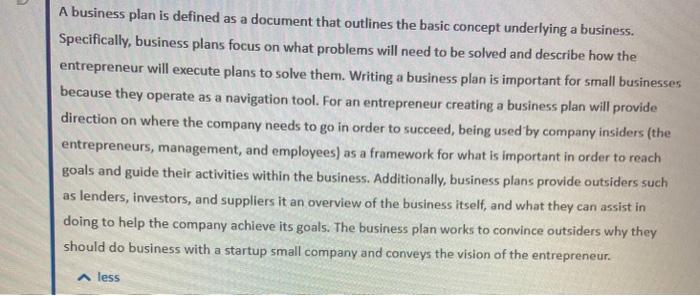 a business plan is a document that outlines quizlet