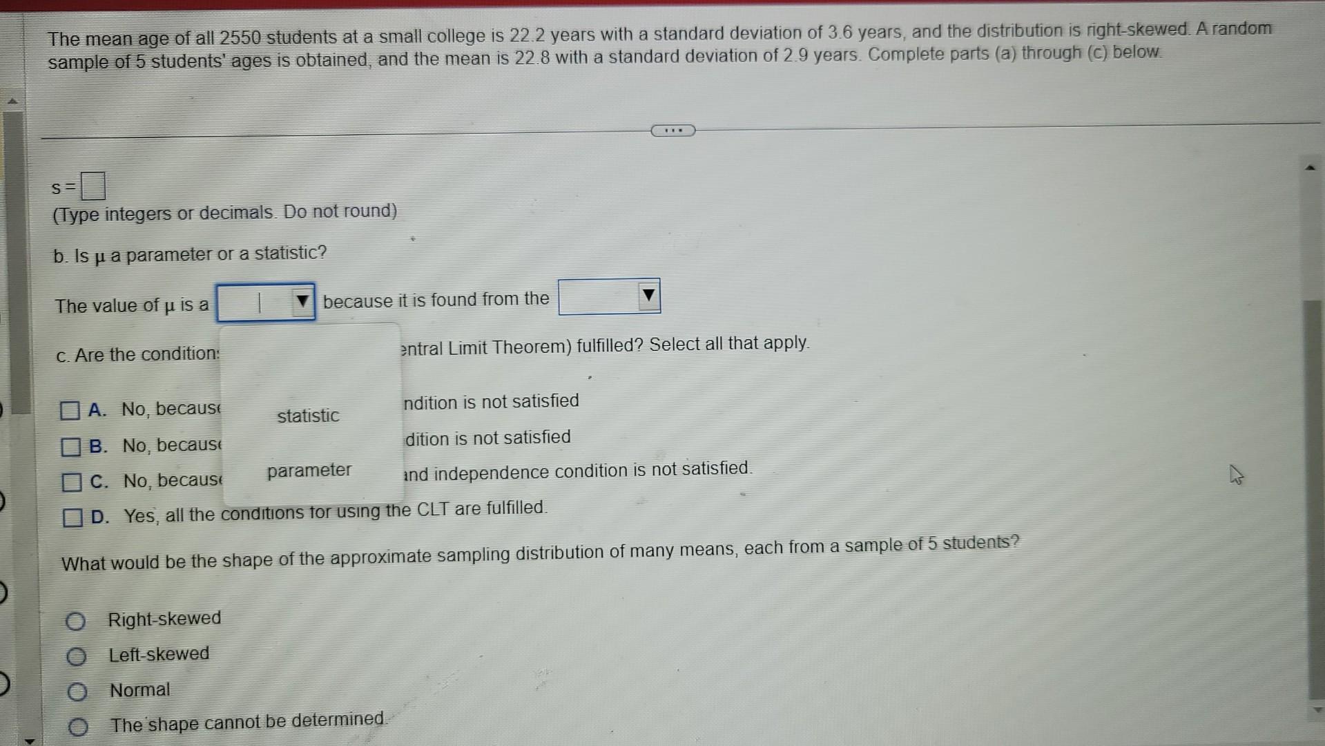 Solved The mean age of all 2550 students at a small college | Chegg.com