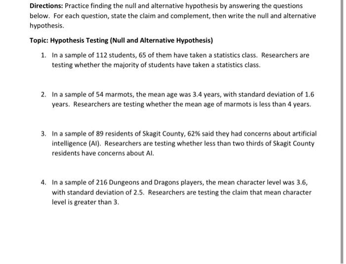 Solved Directions: Practice finding the null and alternative | Chegg.com