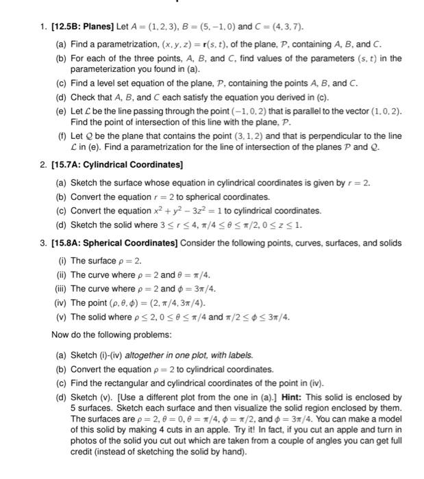 Solved 1. [12.5B: Planes] Let A=(1,2,3),B=(5,−1,0) And | Chegg.com