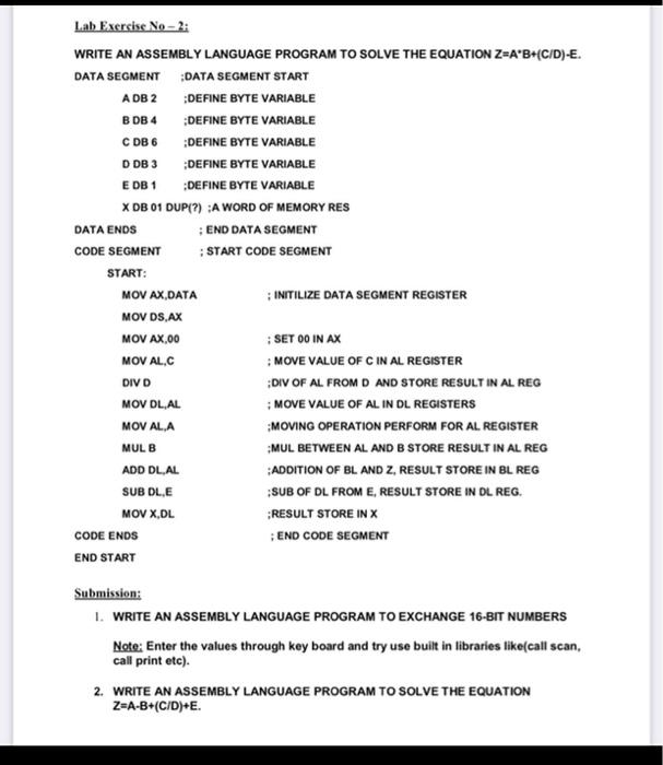 Solved Lab Exersise No - 2: WRITE AN ASSEMBLY LANGUAGE | Chegg.com