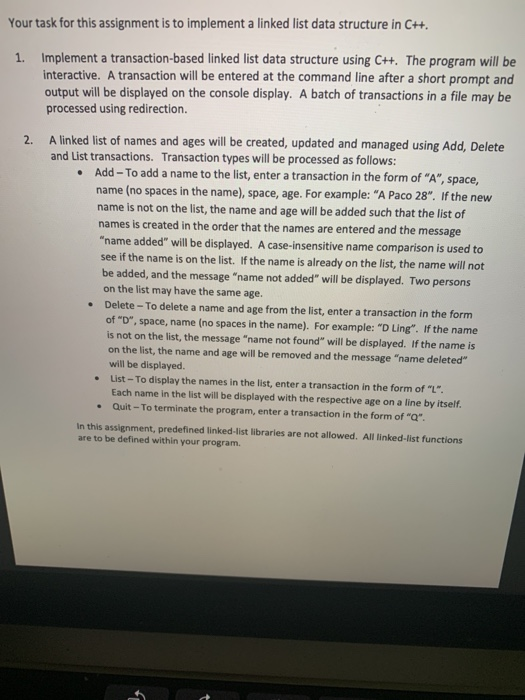 Solved Your task for this assignment is to implement a | Chegg.com