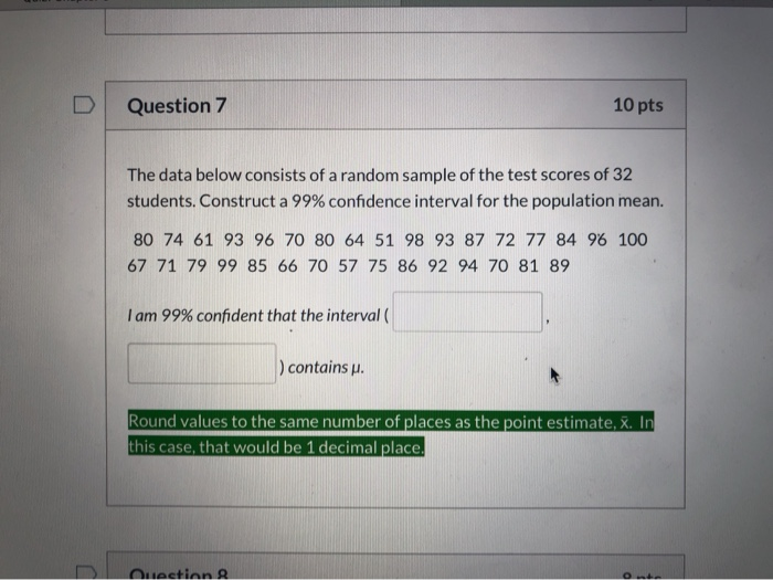 Solved Question 7 10 pts The data below consists of a random | Chegg.com