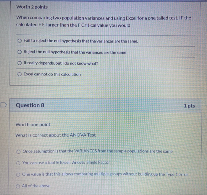 Solved Question 1 1 pts Analysis of Variance (ANOVA) is a | Chegg.com