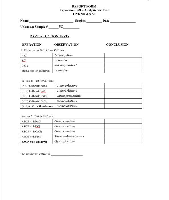 Solved REPORT FORM Experiment #9 - Analysis for lons UNKNOWN | Chegg.com