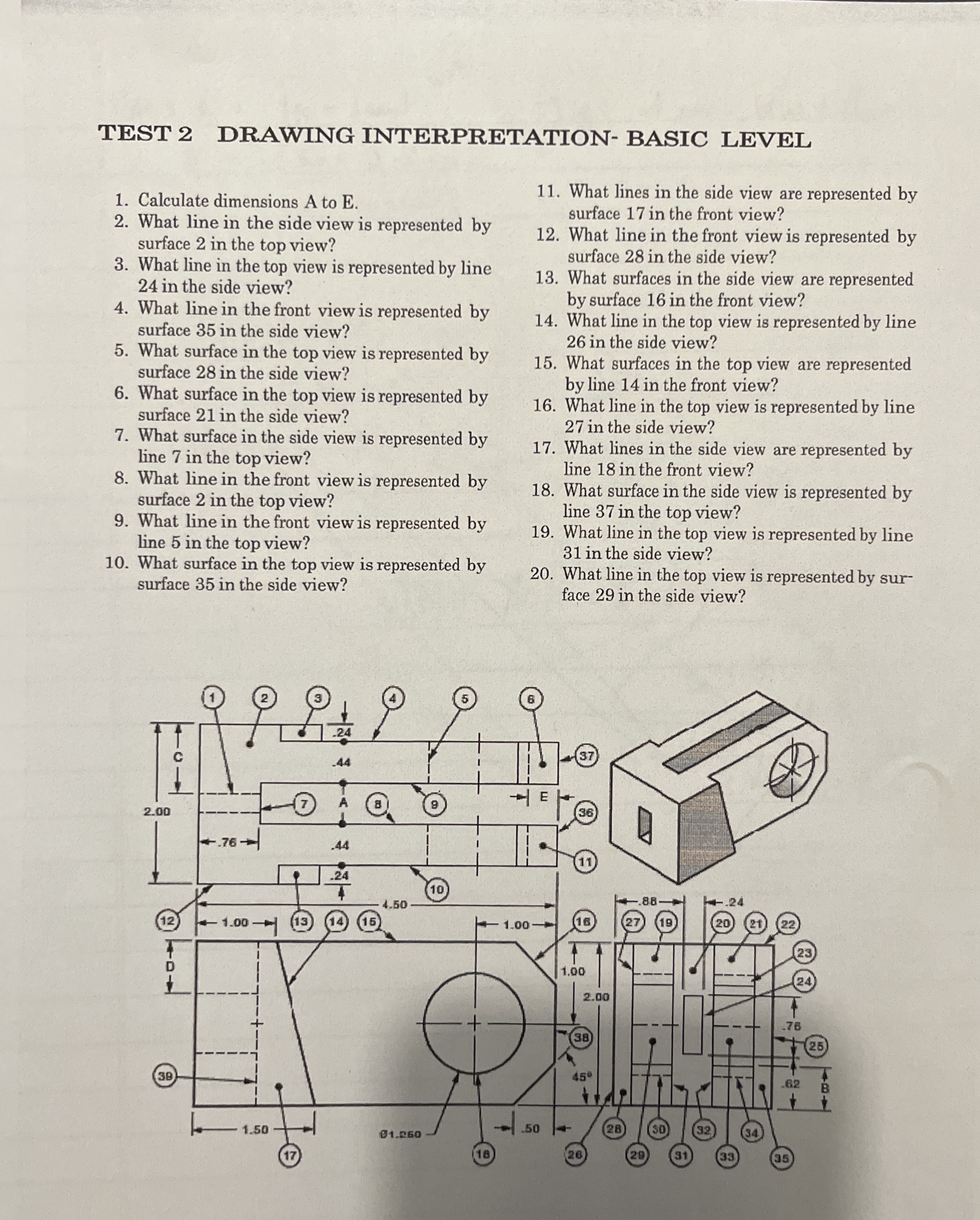 Solved TEST 2 ﻿DRAWING INTERPRETATION- ﻿BASIC LEVELCalculate | Chegg.com