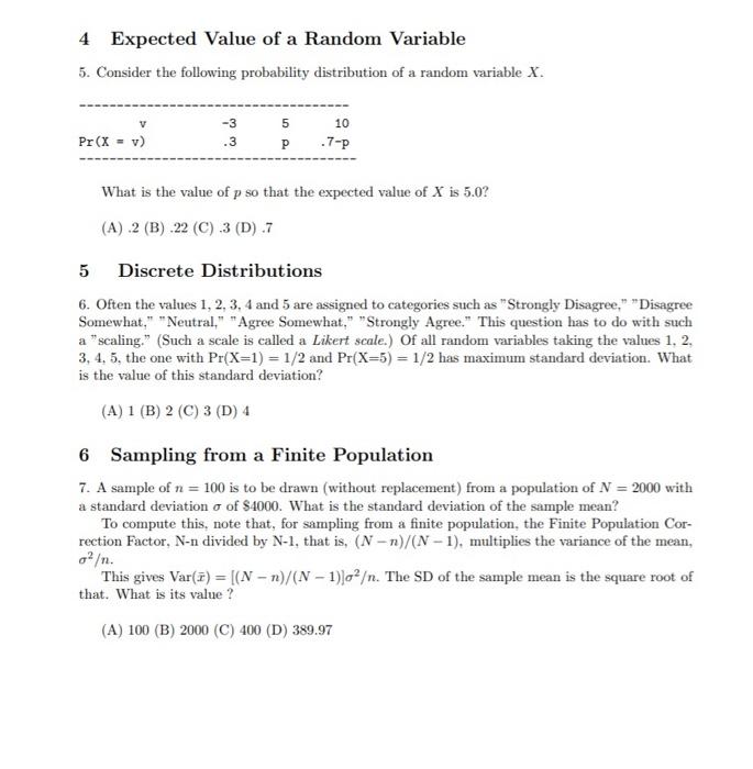 Solved a 4 Expected Value of a Random Variable 5. Consider | Chegg.com