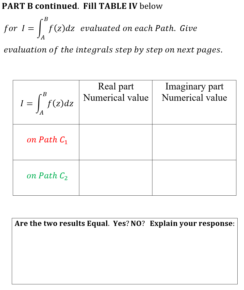 PART B continued. Fill TABLE IV belowfor I=∫ABf(z)dz | Chegg.com